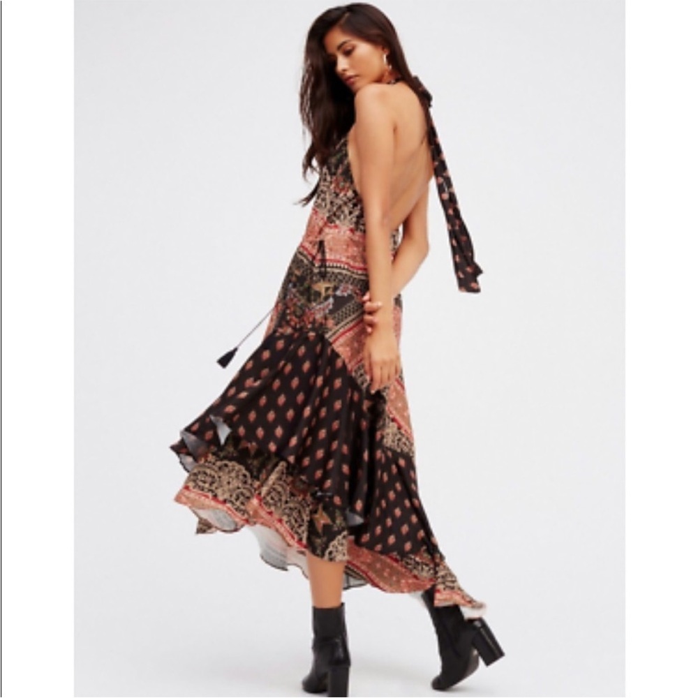 Bohemian Halter Maxi Dress - Black and Pink - Picture 2 of 8